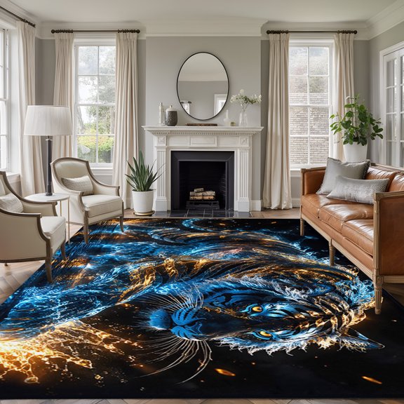 Area Rug 5x8ft, Tiger Wildlife Animal Washable Rugs for Living Room Bedroom, Glowing Blue Gold Soft Non-slip Area Rugs Rectangle Floor Carpet for Dining Room