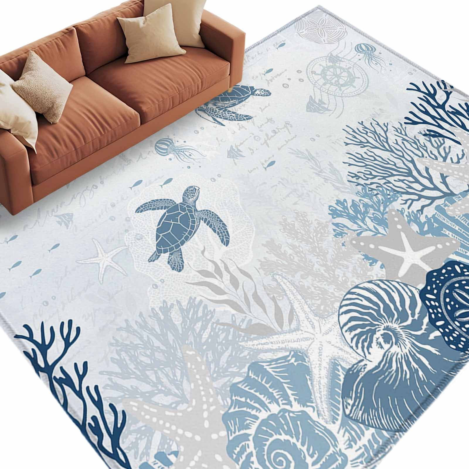 Blue Turtle Rug Area Rug 5x8ft, Vintage Blue Sea Turtle Shells Starfish Coral Washable ...