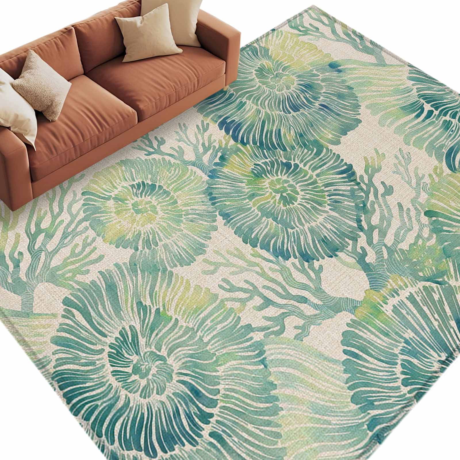 Area Rug 5x8ft, Vintage Olive Conch Coral on Linen Washable Rugs for ...