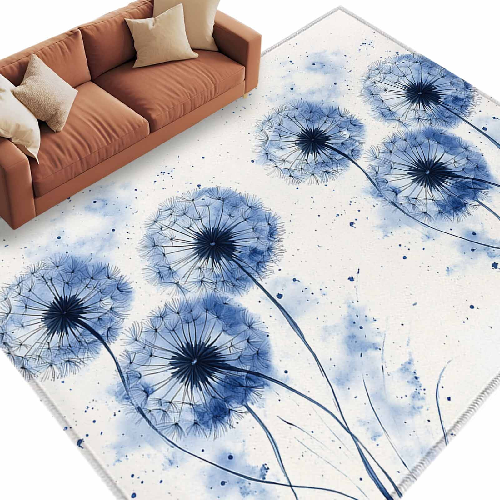 Area Rug 5x8ft, Watercolor Blue Dandelion on Beige Washable Rugs for ...