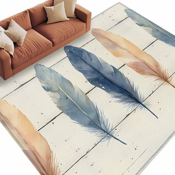Area Rug 5x8ft, Watercolor Feather Farm Wood Grain Washable Rugs for Living Room Bedroom, Rustic Beige Wooden Plank Soft Non-slip Area Rugs Rectangle Floor Carpet for Dining Room