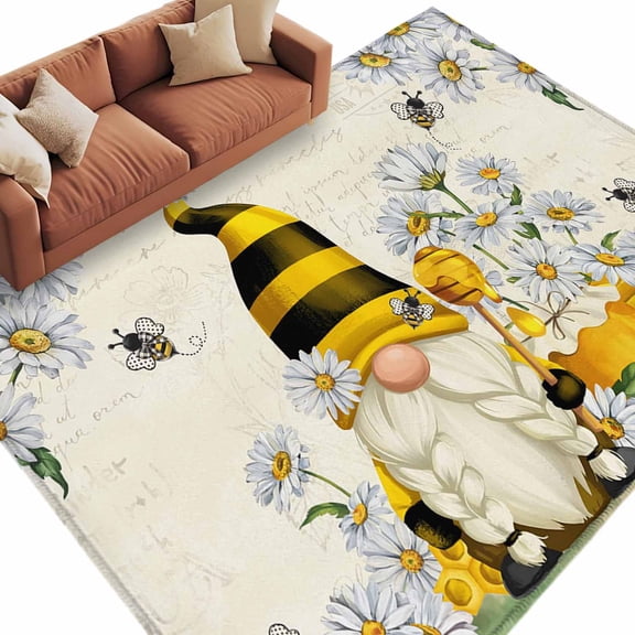 Area Rug 5x8ft, White Daisy Pastoral Gnome Bee Washable Rugs for Living Room Bedroom, Summer Honey Hive Soft Non-slip Area Rugs Rectangle Floor Carpet for Dining Room