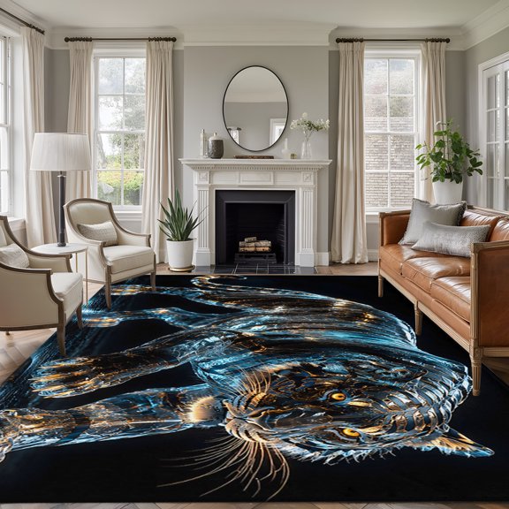 Area Rug 5x8ft, Wildlife Animal Tiger Washable Rugs for Living Room Bedroom, Glowing Blue Gold Soft Non-slip Area Rugs Rectangle Floor Carpet for Dining Room