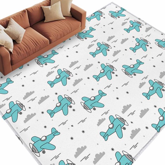 Area Rug 60×96in, Abstract Blue Aircraft Grey Clouds Floor Carpet Living Room Rug, Modern Art Non-Slip Welcome Mat Indoor Rugs for Bedroom Dining Room