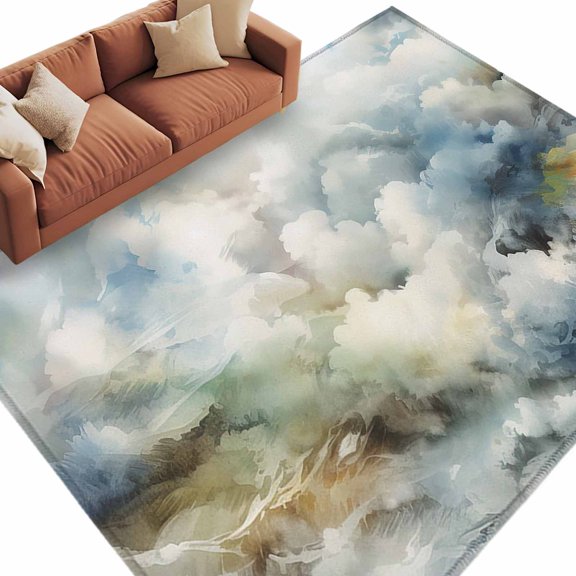 Area Rug 60×96in, Abstract Blue Sky White Cloud Floor Carpet Living Room Rug, Mountain Nubilous Landscape Non-Slip Welcome Mat Indoor Rugs for Bedroom Dining Room