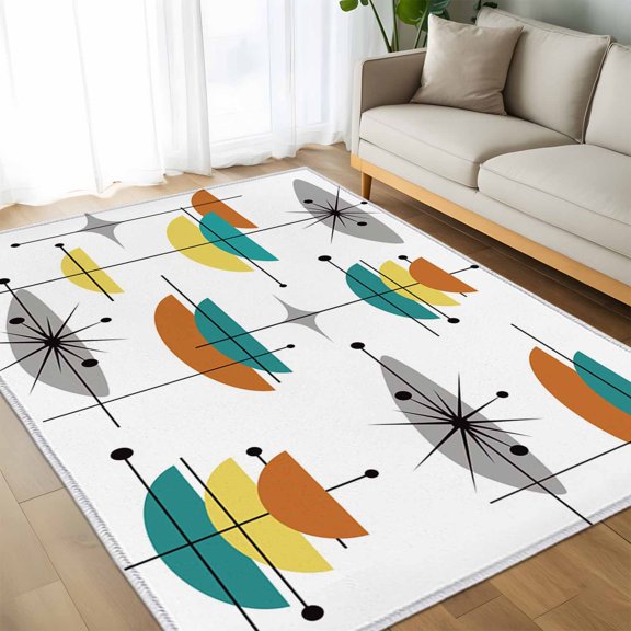 Area Rug 60×96in, Abstract Bohemian Pattern Floor Carpet Living Room Rug, Green Yellow Color Block Non-Slip Welcome Mat Indoor Rugs for Bedroom Dining Room