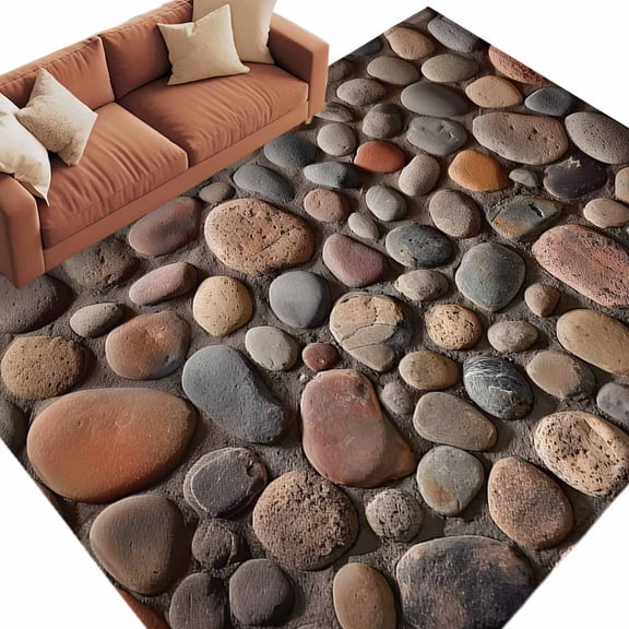 Area Rug 60×96in, Abstract Country Stones Floor Carpet Living Room Rug, Cobblestones Pattern Non-Slip Welcome Mat Indoor Rugs for Bedroom Dining Room