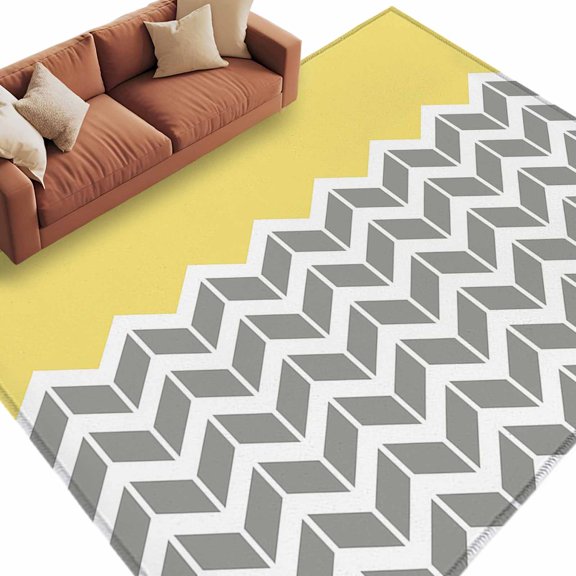 Area Rug 60×96in, Abstract Geometric White Arrow Lines Chevron Floor Carpet Living Room Rug, Yellow Non-Slip Welcome Mat Indoor Rugs for Bedroom Dining Room
