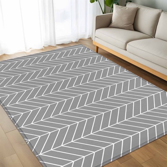 Area Rug 60×96in, Abstract Gray White Herringbone Texture Floor Carpet Living Room Rug, Chevron Pattern Non-Slip Welcome Mat Indoor Rugs for Bedroom Dining Room