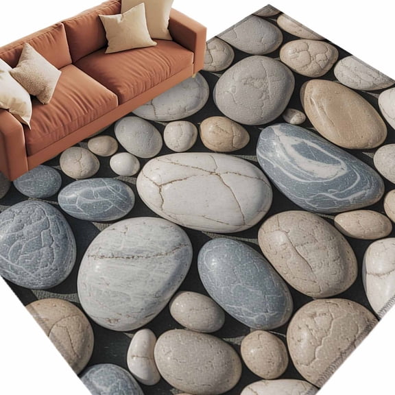 Area Rug 60×96in, Abstract Natural Grey Cobblestone Floor Carpet Living Room Rug, Modern Grey Pebble Stone Non-Slip Welcome Mat Indoor Rugs for Bedroom Dining Room