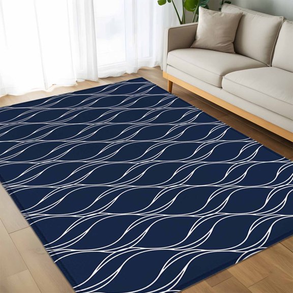 Area Rug 60×96in, Abstract Navy Blue Waves Line Floor Carpet Living Room Rug, Classic White Striped Wavy Non-Slip Welcome Mat Indoor Rugs for Bedroom Dining Room