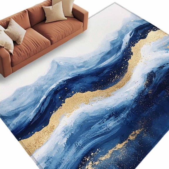 Area Rug 60×96in, Abstract Ocean Rough Sea Floor Carpet Living Room Rug, Marine Big Wave Navy Blue Gold Non-Slip Welcome Mat Indoor Rugs for Bedroom Dining Room