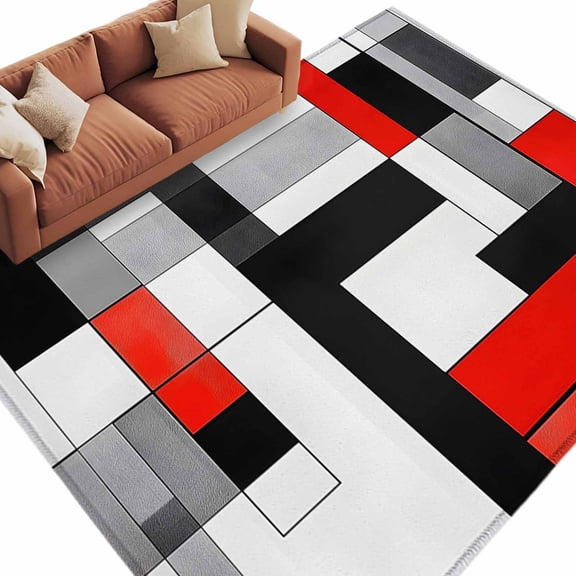 Area Rug 60×96in, Abstract Patchwork Square Floor Carpet Living Room Rug, Modern Geometric Red White Black Non-Slip Welcome Mat Indoor Rugs for Bedroom Dining Room