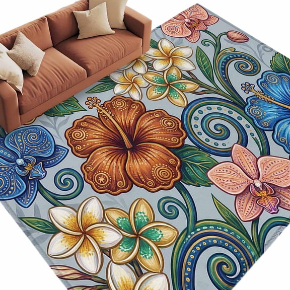 Area Rug 60×96in, Abstract Retro Boho Flower Floor Carpet Living Room Rug, Blue Gold Flower Green Leaf Non-Slip Welcome Mat Indoor Rugs for Bedroom Dining Room