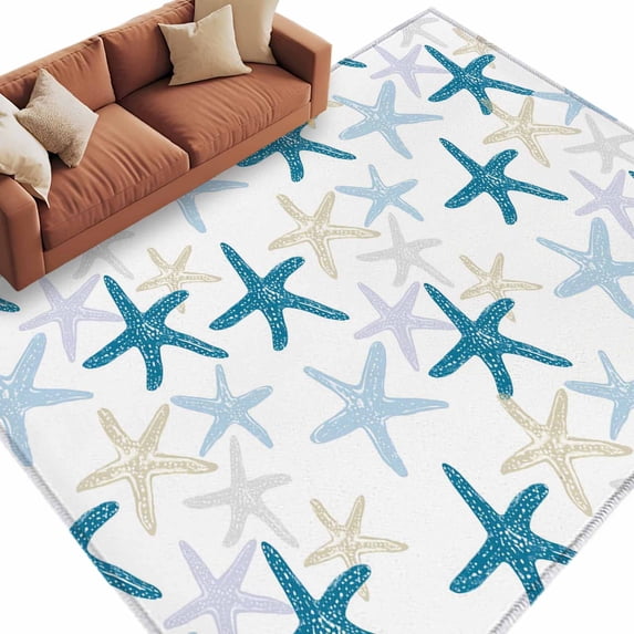 Area Rug 60×96in, Abstract Summer Sea Star Floor Carpet Living Room Rug, Blue Yellow Purple Stars Non-Slip Welcome Mat Indoor Rugs for Bedroom Dining Room