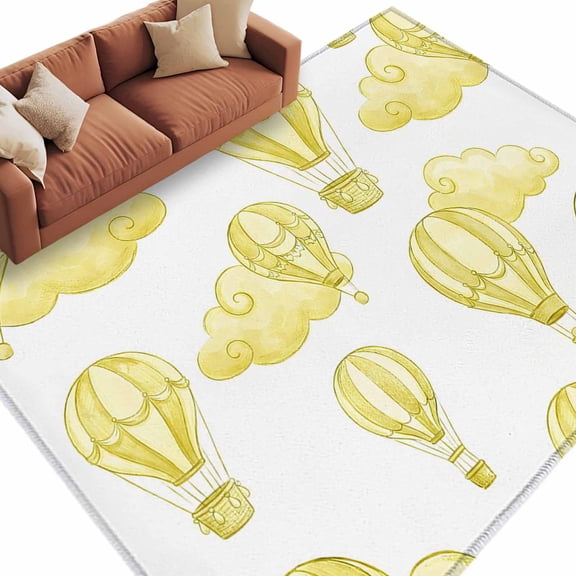 Area Rug 60×96in, Abstract Yellow Hot Balloons Clouds Floor Carpet Living Room Rug, Cartoon Sky Non-Slip Welcome Mat Indoor Rugs for Bedroom Dining Room