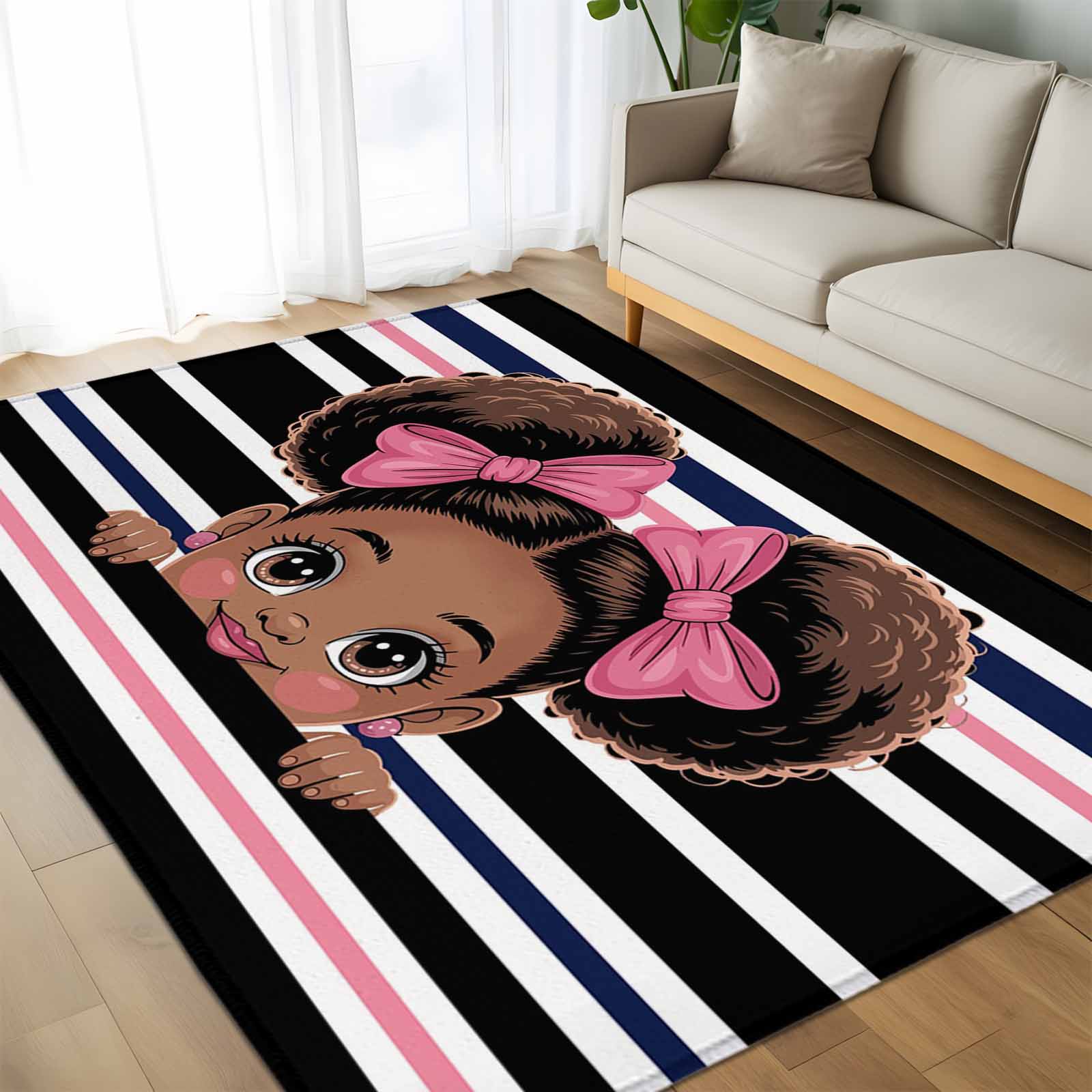 Area Rug 60×96in, African Black Girl Pink Bow Floor Carpet Living Room ...