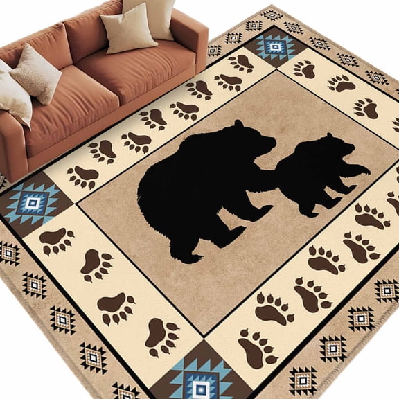 Area Rug 60×96in, Autumn Black Bear Footprints Floor Carpet Living Room Rug, Geometric Boho Artwork Non-Slip Welcome Mat Indoor Rugs for Bedroom Dining Room
