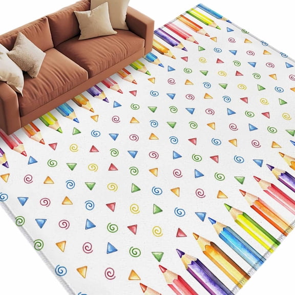 Area Rug 60×96in, Back-to-school Season Pencil Floor Carpet Living Room Rug, Childlike Colored Pencils Non-Slip Welcome Mat Indoor Rugs for Bedroom Dining Room
