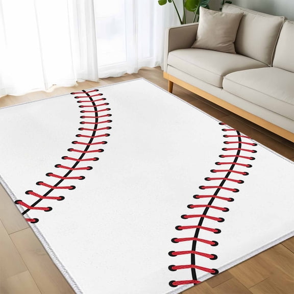 Area Rug 60×96in, Baseball Sports Texture Floor Carpet Living Room Rug, White Red Lines Non-Slip Welcome Mat Indoor Rugs for Bedroom Dining Room