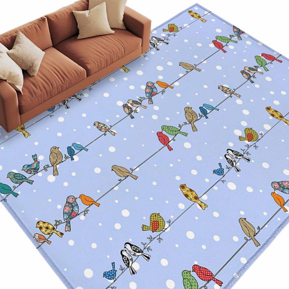 Area Rug 60×96in, Birds Sparrows on Cables Floor Carpet Living Room Rug, White Snow Points Non-Slip Welcome Mat Indoor Rugs for Bedroom Dining Room