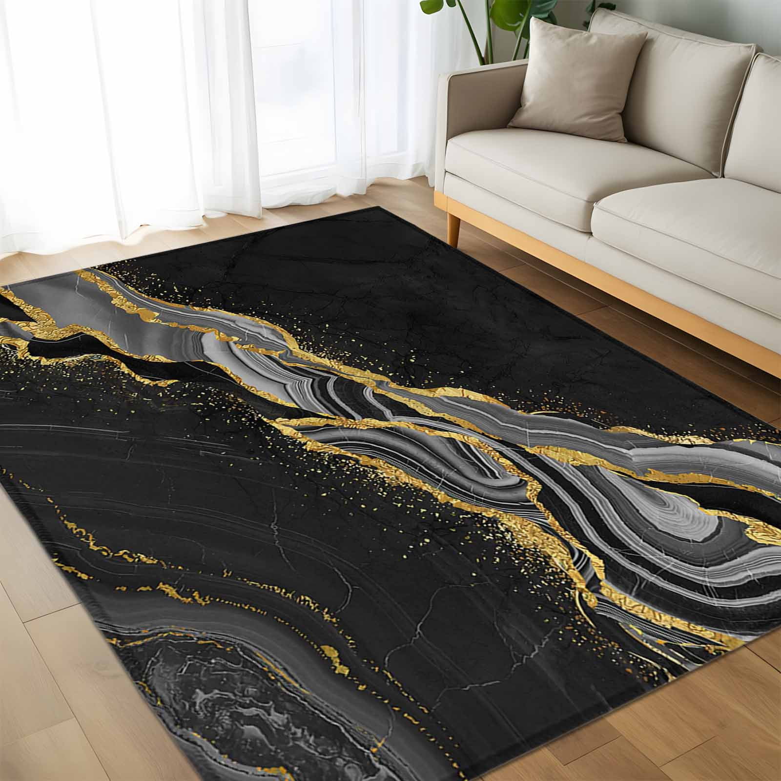 Area Rug 60×96in, Black Gold Marble Texture Pattern Floor Carpet Living ...