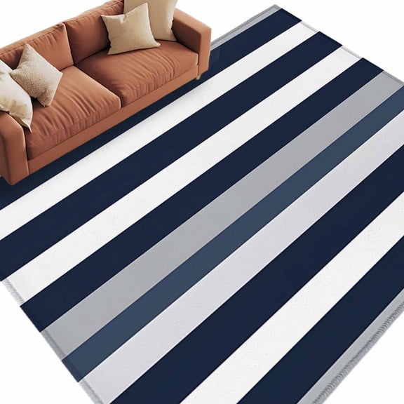 Area Rug 60×96in, Black White Blue Grey Horizontal Stripes Floor Carpet Living Room Rug, Classic Pattern Non-Slip Welcome Mat Indoor Rugs for Bedroom Dining Room