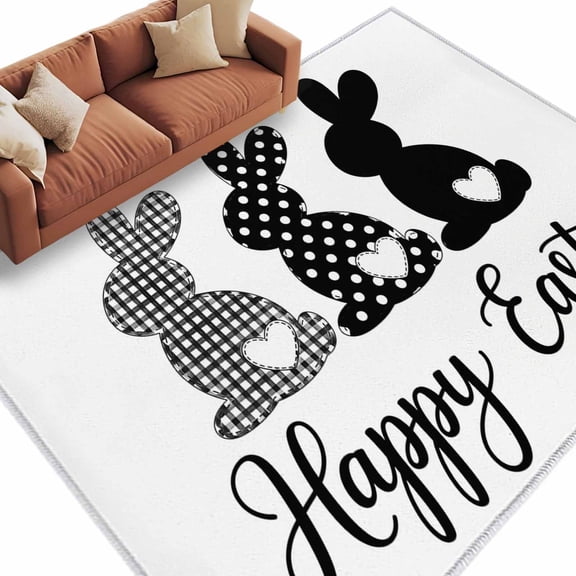 Area Rug 60×96in, Black White Buffalo Plaid Polka Dots Carrot Floor Carpet Living Room Rug, Happ Easter Non-Slip Welcome Mat Indoor Rugs for Bedroom Dining Room