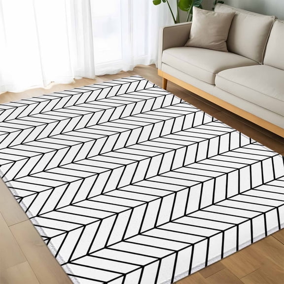 Area Rug 60×96in, Black White Chevron Texture Floor Carpet Living Room Rug, Modern Minimalist Geometric Art Non-Slip Welcome Mat Indoor Rugs for Bedroom Dining Room