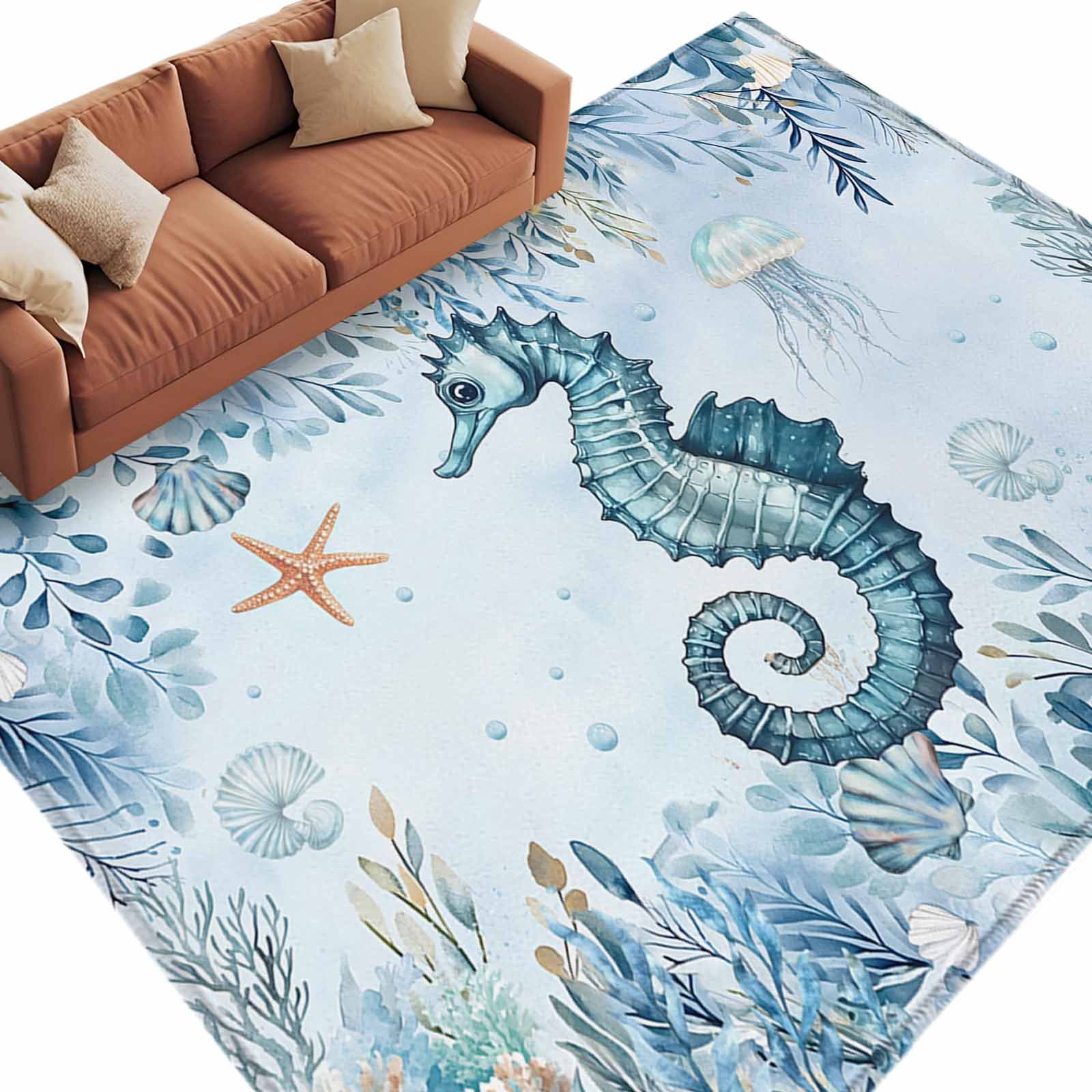Blue Turtle Rug Area Rug 60×96in, Blue Seahorse Sea Turtle Floor Carpet Living Room Rug ...