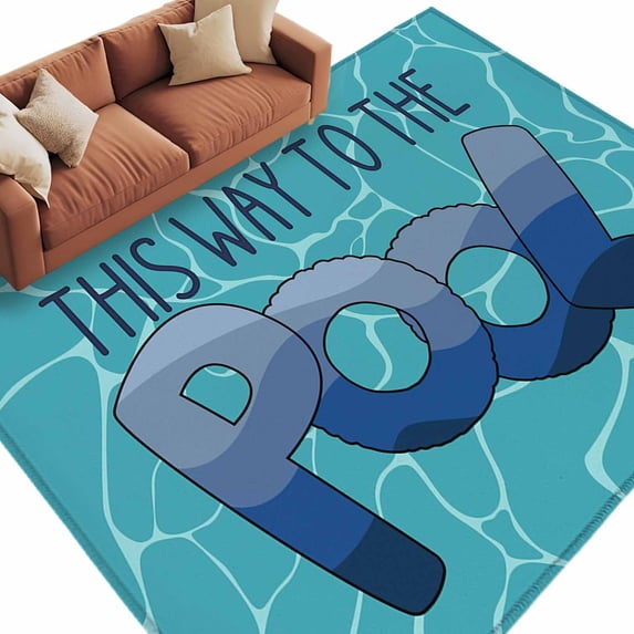 Area Rug 60×96in, Blue Water Ripples Floor Carpet Living Room Rug, Gradient This Way to The Pool Non-Slip Welcome Mat Indoor Rugs for Bedroom Dining Room