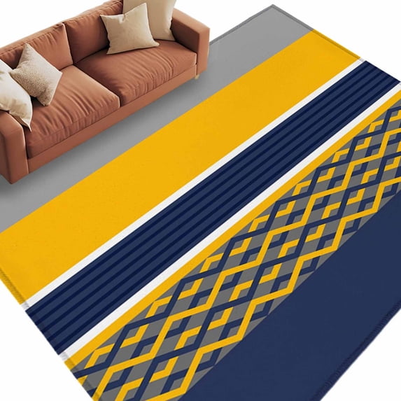 Area Rug 60×96in, Blue Yellow Gray Line Floor Carpet Living Room Rug, Abstract Geometric Stripe Non-Slip Welcome Mat Indoor Rugs for Bedroom Dining Room