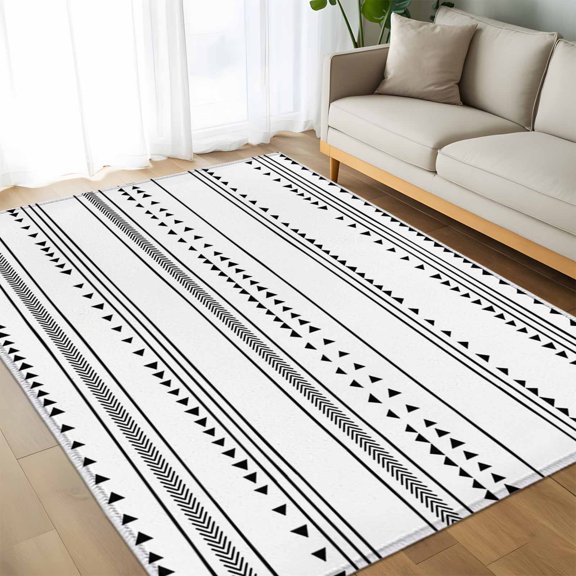 Area Rug 60×96in, Bohemian Ethnic Triangle Plaid Stripes Floor Carpet Living Room Rug, Black Arrow Lines Non-Slip Welcome Mat Indoor Rugs for Bedroom Dining Room