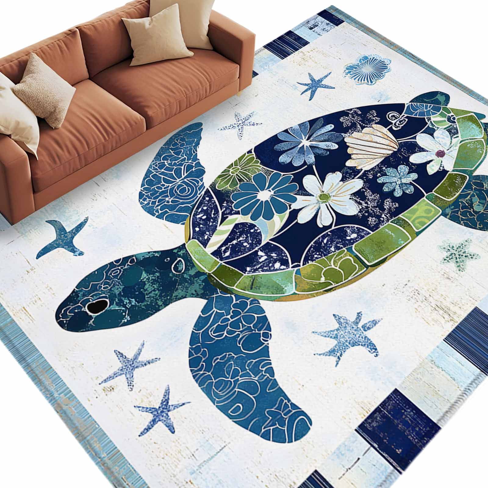 Turtle Themed Rug Area Rug 60×96in, Bohemian Floral Turtle Floor Carpet Living Room Rug ...