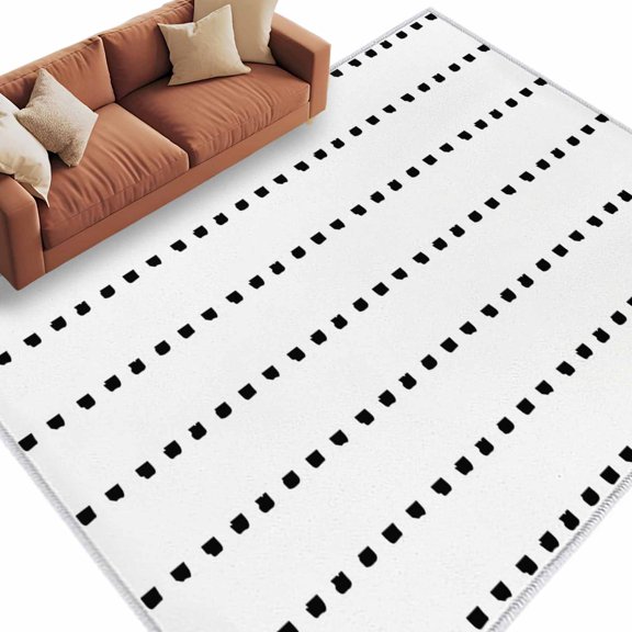 Area Rug 60×96in, Boho Black Geometric Dots on White Floor Carpet Living Room Rug, Modern Simplistic Style Non-Slip Welcome Mat Indoor Rugs for Bedroom Dining Room