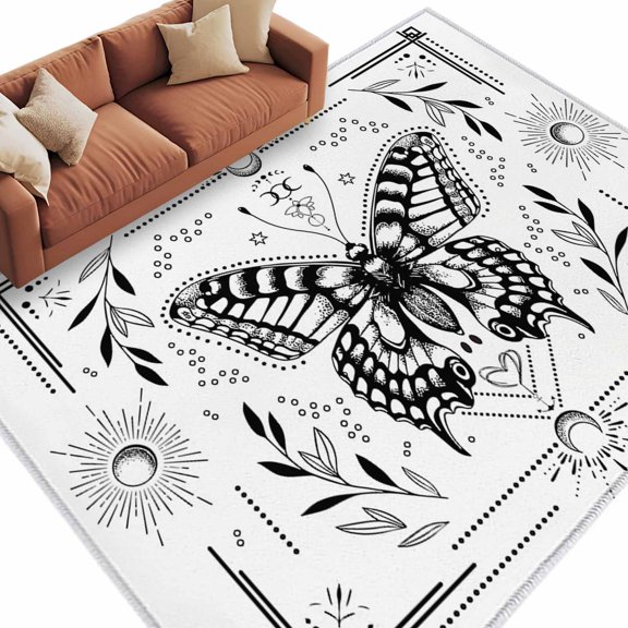 Area Rug 60×96in, Butterfly Leaves Sun and Moon Floor Carpet Living Room Rug, Abstract Line on White Non-Slip Welcome Mat Indoor Rugs for Bedroom Dining Room