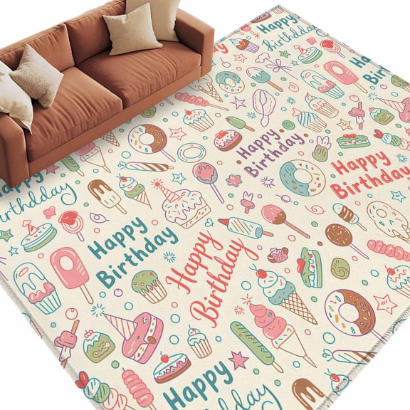 Area Rug 60×96in, Cartoon Cake Donuts Star Floor Carpet Living Room Rug, Happy Birthday Quote Non-Slip Welcome Mat Indoor Rugs for Bedroom Dining Room