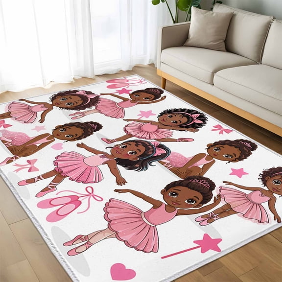 Area Rug 60×96in, Cartoon Children Ballet Dance Floor Carpet Living Room Rug, Pink Butterflies Ballet Shoes Non-Slip Welcome Mat Indoor Rugs for Bedroom Dining Room