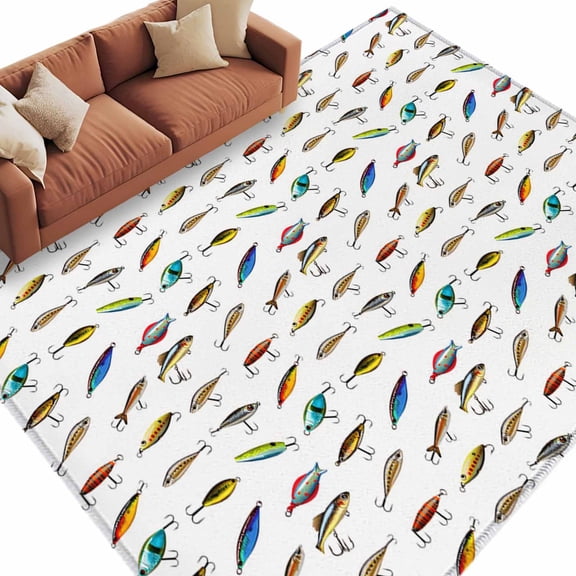 Area Rug 60×96in, Cartoon Colorful Bait Floor Carpet Living Room Rug, Abstract Fish Hook Non-Slip Welcome Mat Indoor Rugs for Bedroom Dining Room
