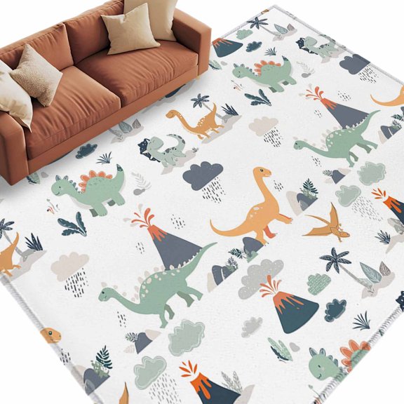 Area Rug 60×96in, Cartoon Dinosaurs Volcano Cloud Floor Carpet Living Room Rug, Lovely Cute Animal Art Non-Slip Welcome Mat Indoor Rugs for Bedroom Dining Room