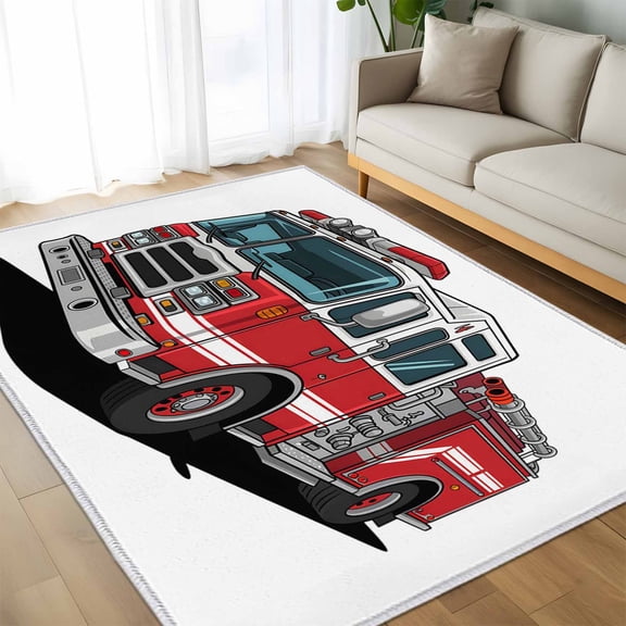 Area Rug 60×96in, Cartoon Fire Truck Red Grey Car Floor Carpet Living Room Rug, Patriotic Firefighter Trucks on White Non-Slip Welcome Mat Indoor Rugs for Bedroom Dining Room