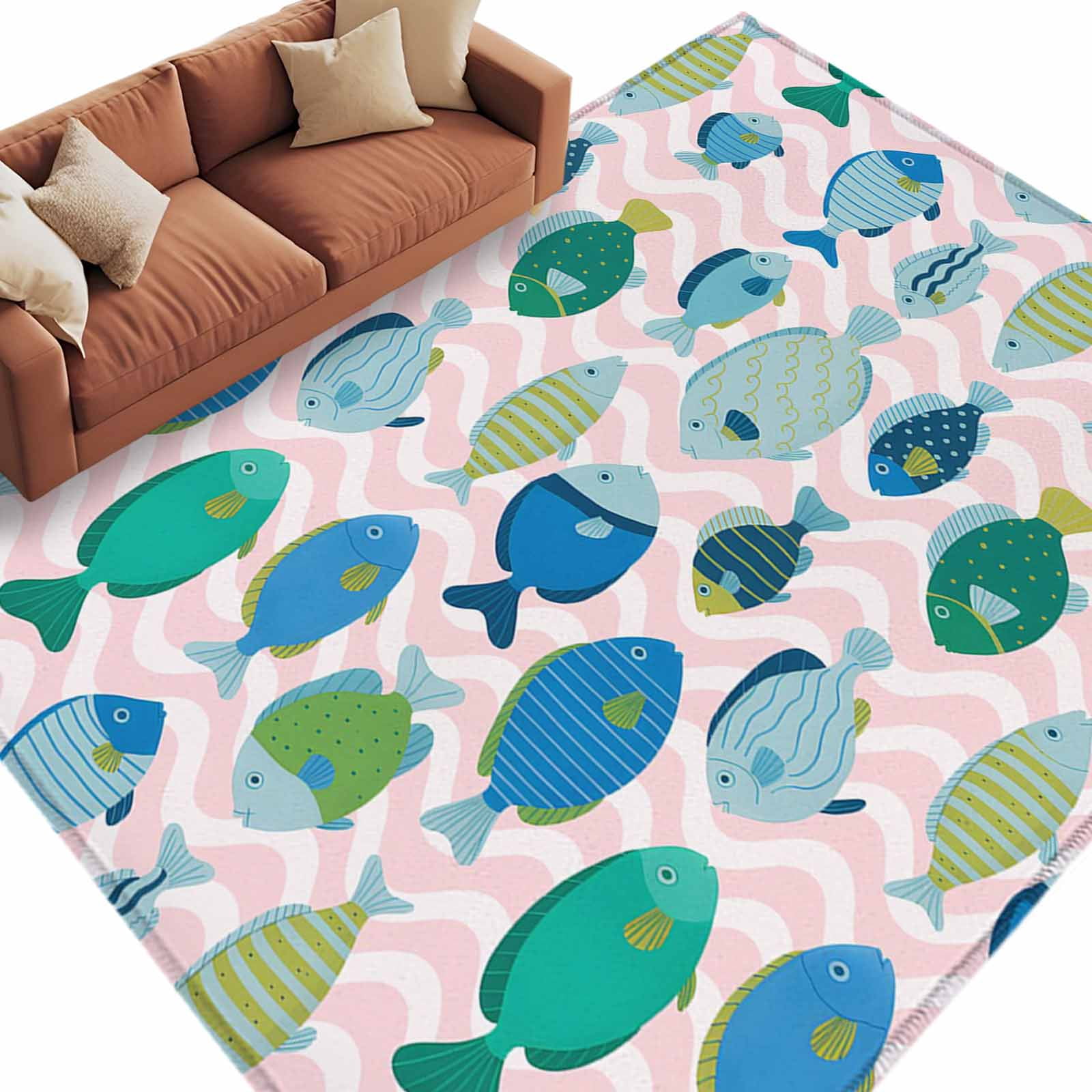 Area Rug 60×96in, Cartoon Marine Life Little Fish Floor Carpet Living ...