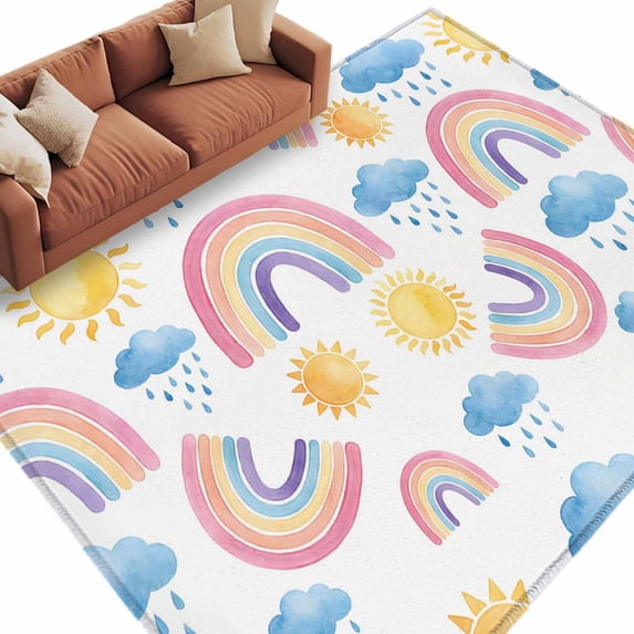 Area Rug 60×96in, Cartoon Rainbow Cloud Sun Floor Carpet Living Room Rug, Modern Abstract Style Non-Slip Welcome Mat Indoor Rugs for Bedroom Dining Room