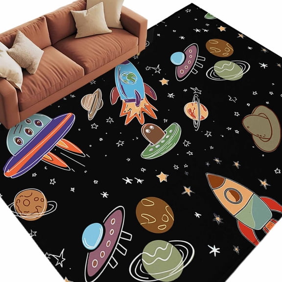 Area Rug 60×96in, Cartoon Rocket Space Planet Floor Carpet Living Room Rug, Cute Spaceship on Black Non-Slip Welcome Mat Indoor Rugs for Bedroom Dining Room