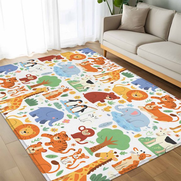 Area Rug 60×96in, Cartoon Watercolor Zoo Animals Floor Carpet Living Room Rug, Cute Lion Tiger Monkey Bear Non-Slip Welcome Mat Indoor Rugs for Bedroom Dining Room