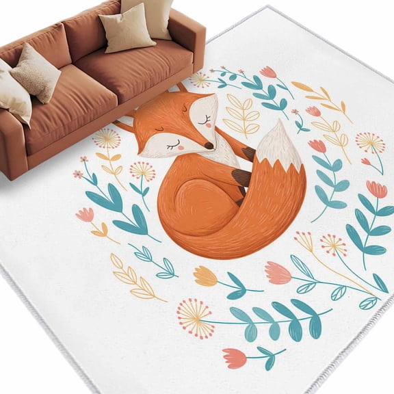 Area Rug 60×96in, Cartoons Animals Foxes Floor Carpet Living Room Rug, Farm Flowers Plants Non-Slip Welcome Mat Indoor Rugs for Bedroom Dining Room