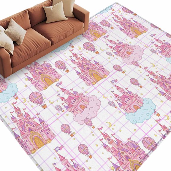 Area Rug 60×96in, Children's Day Pink Dream Castle Balloons Floor Carpet Living Room Rug, Blue Cloud Non-Slip Welcome Mat Indoor Rugs for Bedroom Dining Room