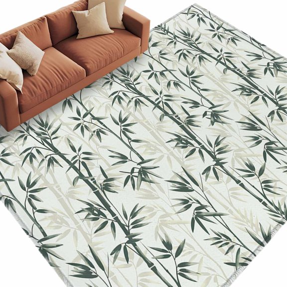 Area Rug 60×96in, Chinoiserie Minimalist Forest Floor Carpet Living Room Rug, Green Botanical Plants Non-Slip Welcome Mat Indoor Rugs for Bedroom Dining Room