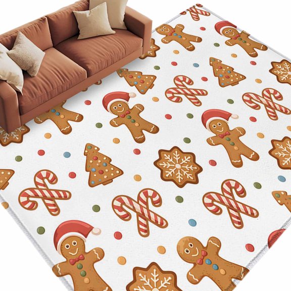 Area Rug 60×96in, Christmas Cartoon Gingerbread Man Floor Carpet Living Room Rug, Orange White Non-Slip Welcome Mat Indoor Rugs for Bedroom Dining Room