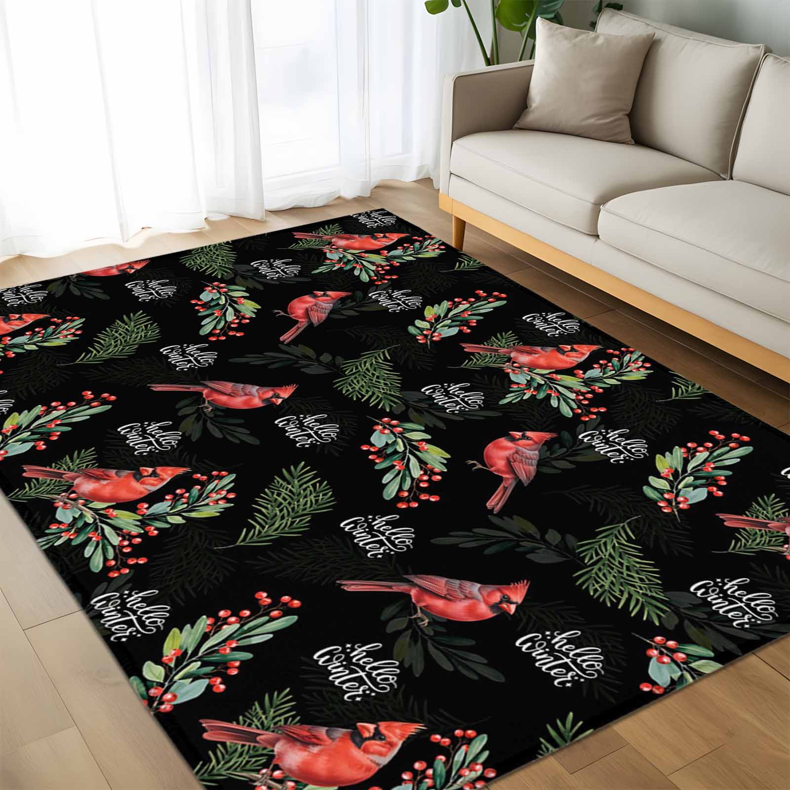 Area Rug 60×96in, Christmas Red Cardinal Berry Floor Carpet Living Room ...